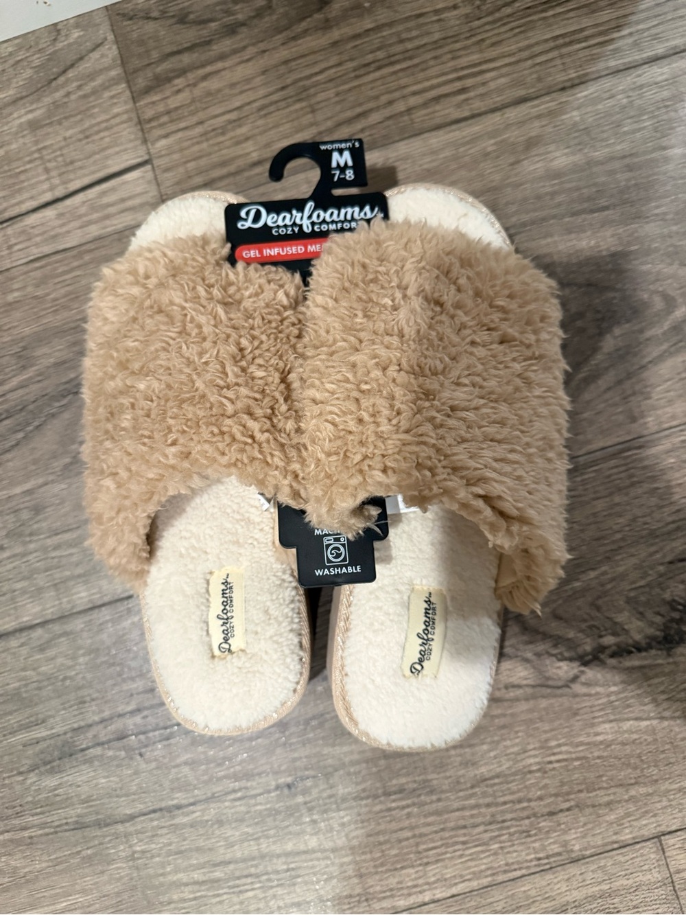 dearfoams Tan Faux-Sherpa Crossband Slippers